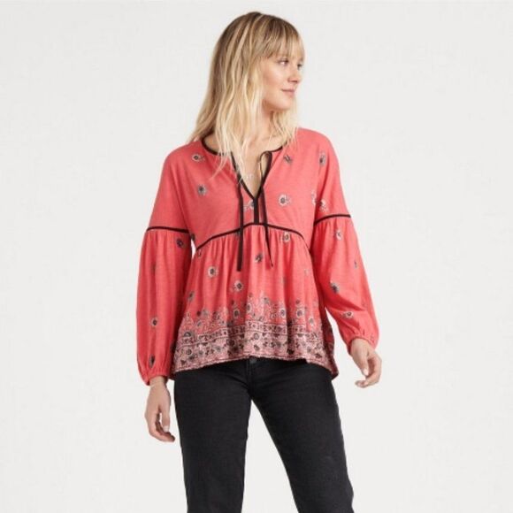 Lucky Brand Border Print Peasant Long Sleeve Top, Medium - Picture 1 of 7